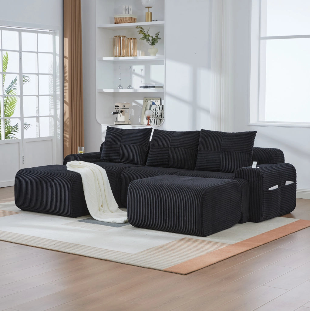 Divano modulare 3 posti in corduroy nero 268x174x66 cm con portabicchieri e tasca laterale
