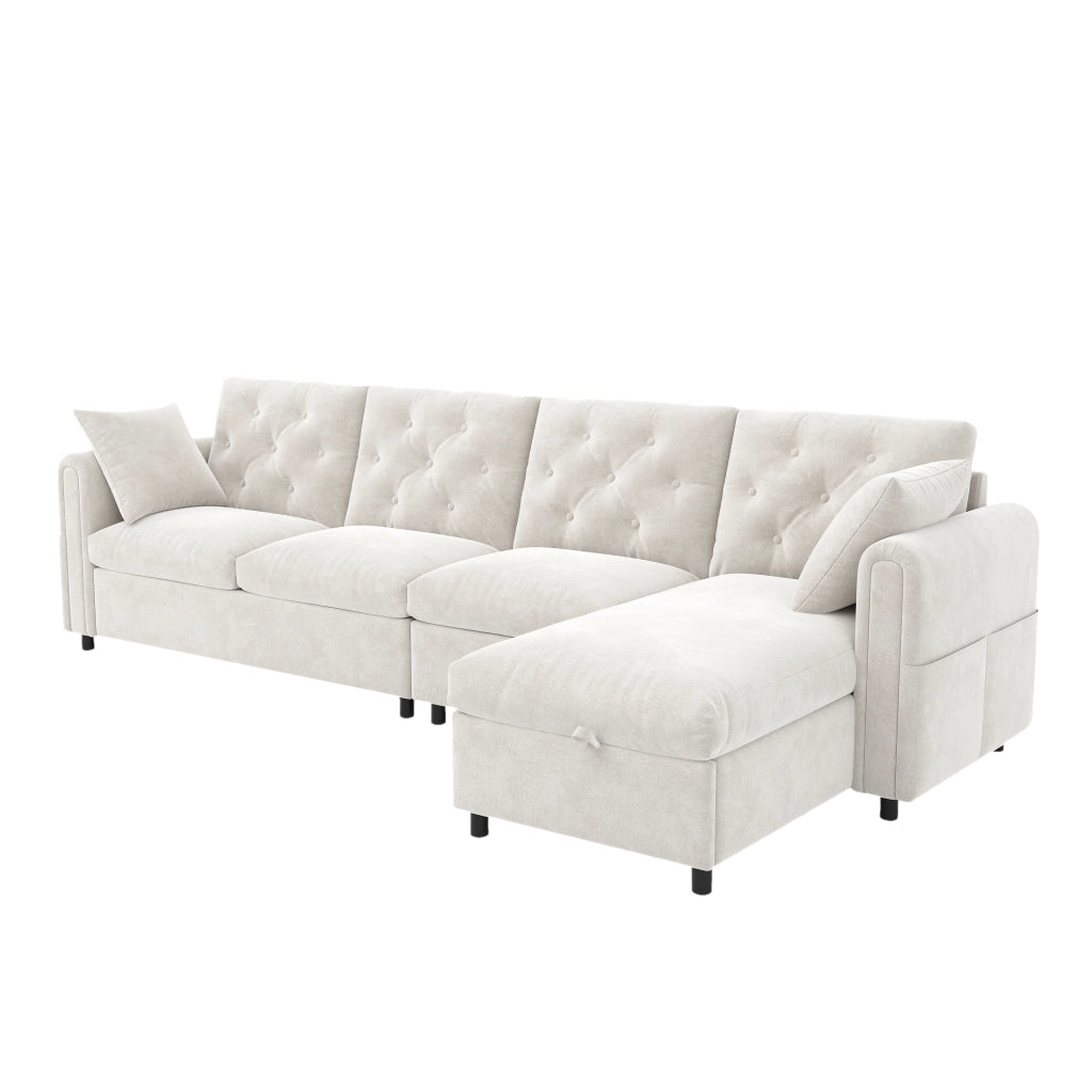 Divano angolare in velluto con funzione letto, contenitore laterale e chaise longue reversibile, beige, 281¡Á132¡Á86 cm