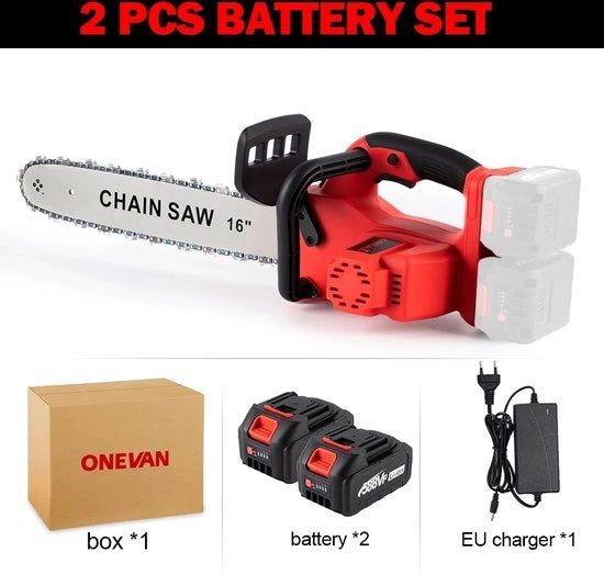 Catenaria elettrica - Senza filo - 7000W - 16 pollici - Lunghezza di taglio 80 cm - Con 2 batterie - Incluso caricabatterie - Maniglia comoda - Con protezione di sicurezza