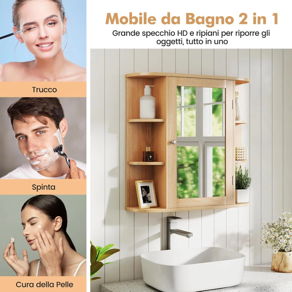 Specchio Bagno Contenitore 66 x 17 x 63 cm, Mobile bagno in Legno Appeso con Mensole Regolabili e Ante, Armadietto Multiuso dei Medicinali per Bagno, Salone e Cucina (Naturale)
