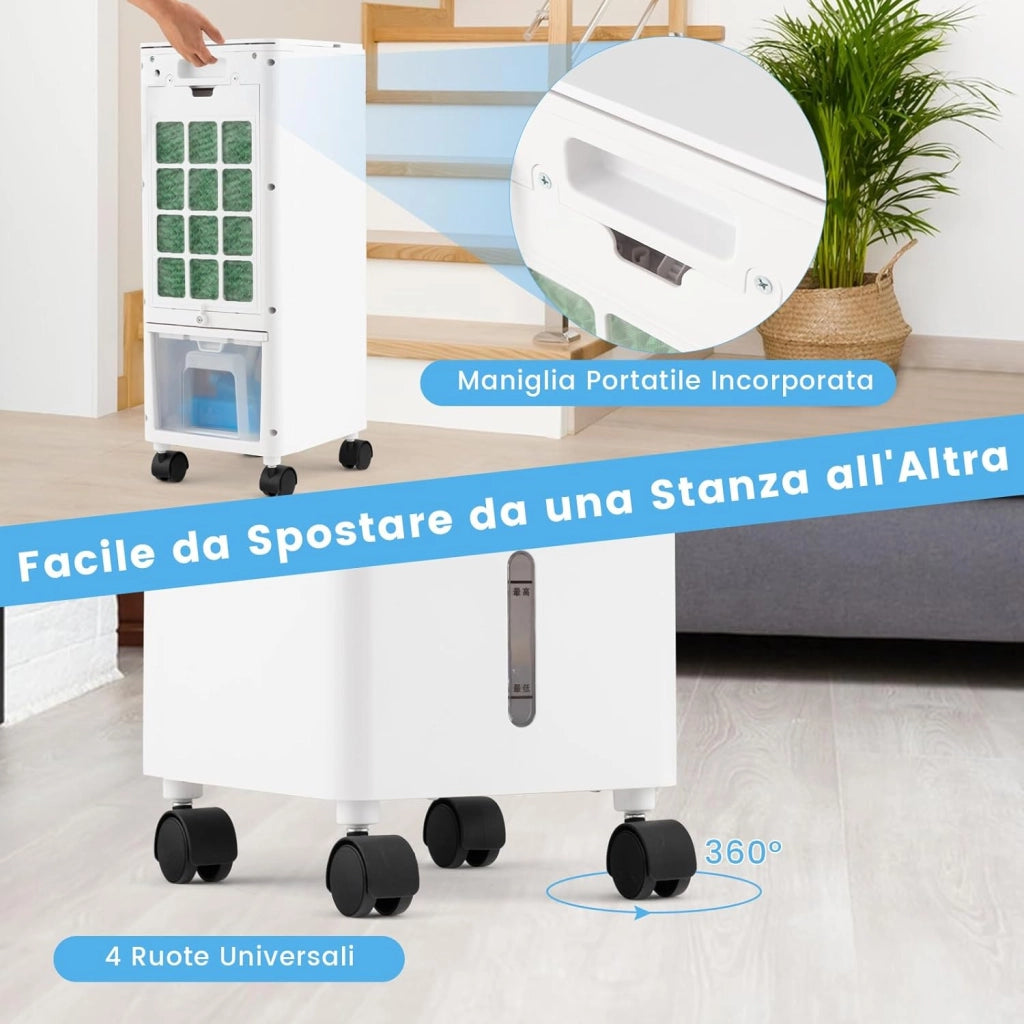 Condizionatore Portatile 3 in 1, Condizionatore d'aria Evaporativo portatile con Raffreddamento, Ventola e Umidificazione, 3 Velocità del Vento, 12H Timer, Doppio Serbatoio d'acqua(Bianco)