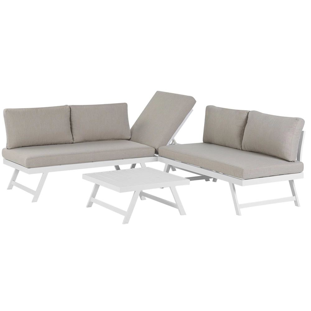 Set Divani Da Giardino 5 Posti tortora e bianco Struttura Bianca Sedili Regolabili Tavolino Design Moderno