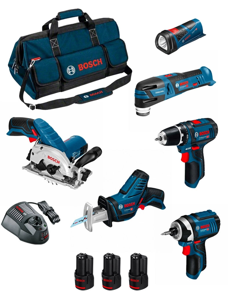 BOSCH Kit BMKB6-28AD3 (GSR 12V-15 + GDR 12V-105 + GKS 12V-26 + GOP 12V-28 + GSA 12V-14 + GLI 12V-80 + 3x2,0Ah +GAL1230CV +HDBAG)