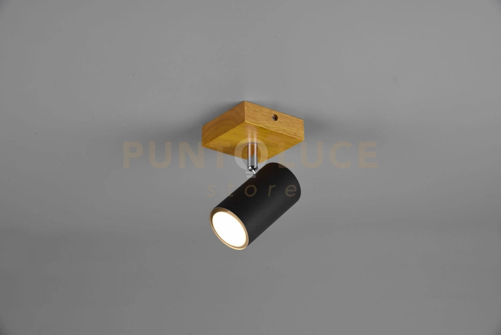 MARLEY BASE SPOT CILINDRO NERO BASE LEGNO NATURALE H. 16CM 1 LUCE ATTACCO GU10