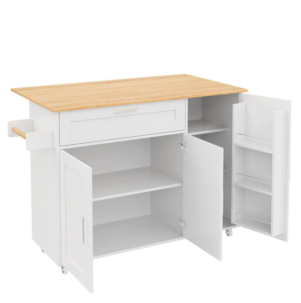 Carrello da cucina 132.5x44(70)x90 cm con piano pieghevole; 5 ruote; MDF bianco naturale