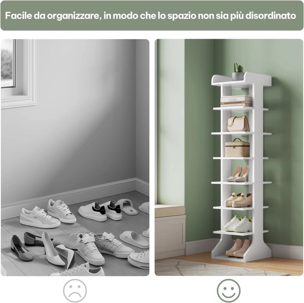 Scarpiera, 8 Livelli di Stoccaggio per Scarpe Strette, Unità di Stoccaggio Salvaspazio per Corridoio, Soggiorno, Camera da Letto, Angoli, Bianco, 27,5x30x121 cm
