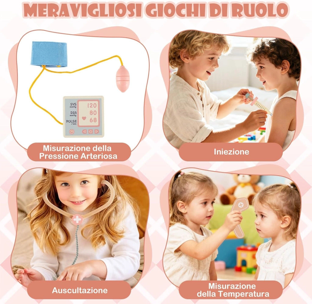 Set Gioco Dottore per Bambini, Medico Giocattolo in Legno con Tabella Oculistica, Macchinario CT e Radiografie, Gioco di Ruolo Medico Educativo con Accessori per Bambini 3+ Anni (Rosa)