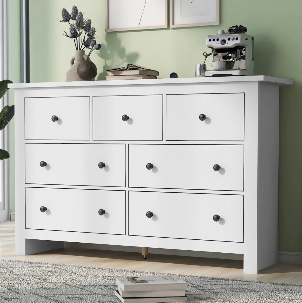 Credenza 152x40x88.5 cm con 7 cassetti e guide scorrevoli; in truciolare bianco