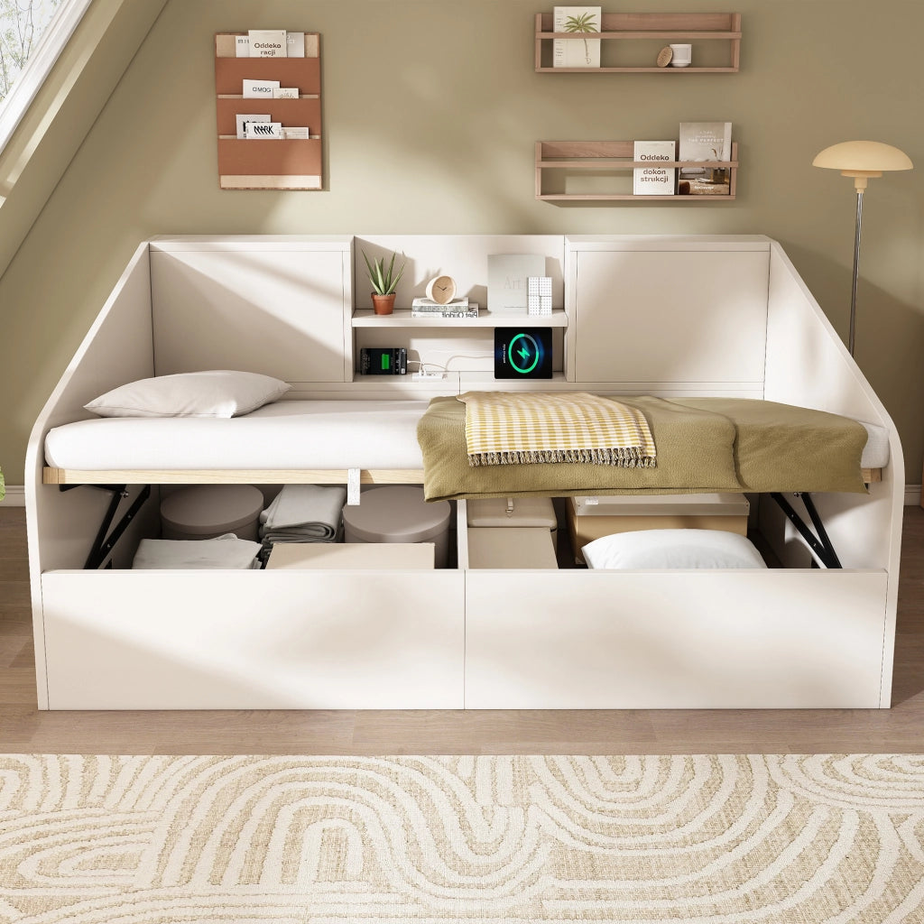 Letto singolo idraulico 90x190 cm bianco con contenitore e stazione USB