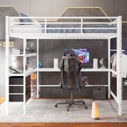 Letto a soppalco 140×200 cm con LED; scrivania; prese USB; 3 cassetti; ripiani; scala e materasso escluso; metallo bianco