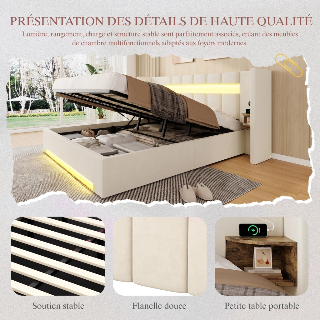 Letto Contenitore 180x200 cm - USB; LED; armadietti retro - in Velluto Beige