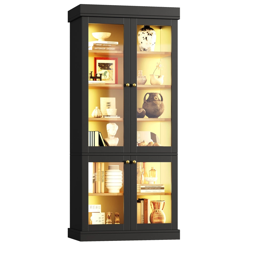 Armadio con LED; 2 dispositivi antiribaltamento; ripiani regolabili e vetrina in vetro per soggiorno; camera; 80 × 40 × 180 cm