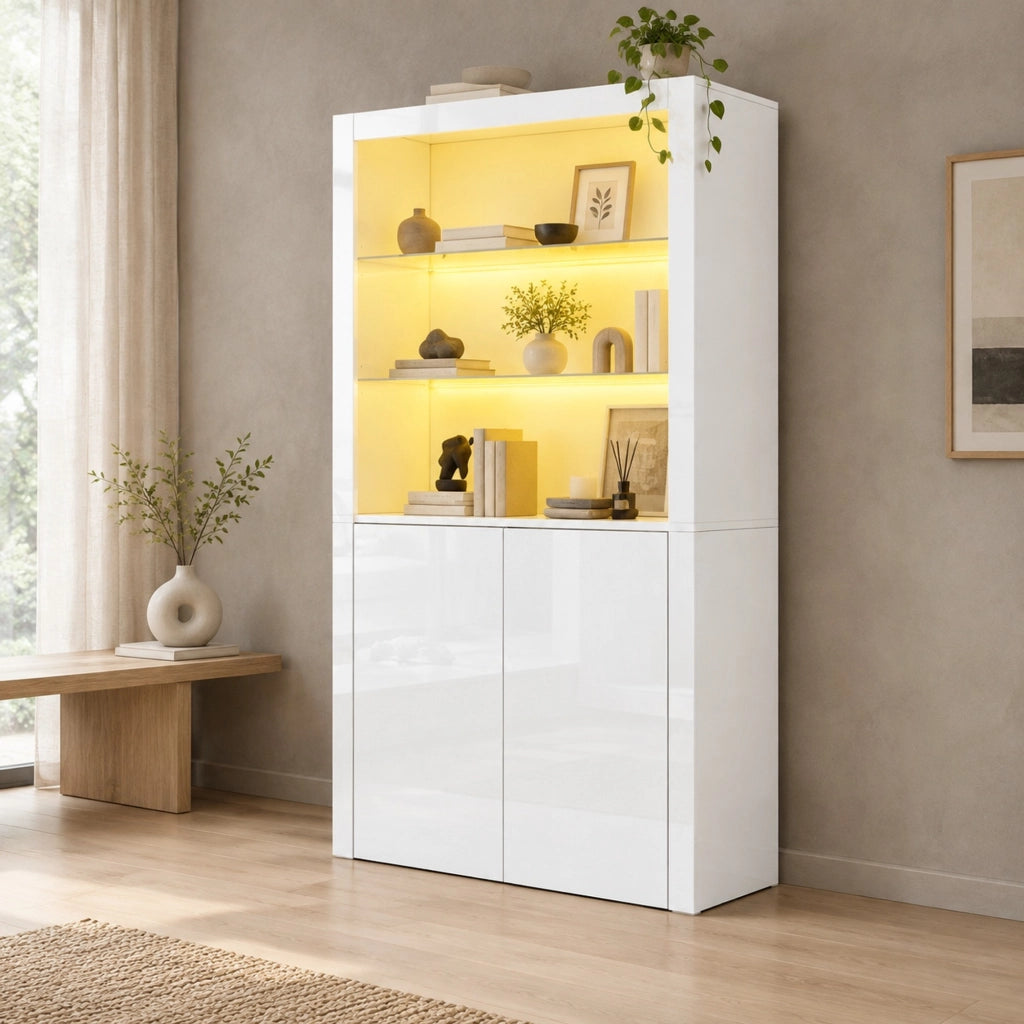 Vetrina LED 100x35x170 cm in MDF bianco con ripiani e vetro temperato