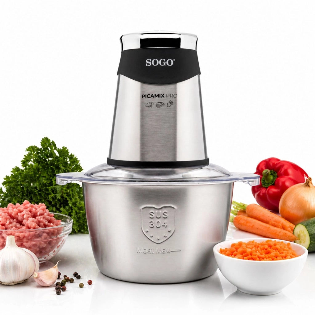 Tritatutto elettrico 1,8L con lame titanio 4 coltelli e doppia velocità, ciotola acciaio inox per carne e verdure - Sogo