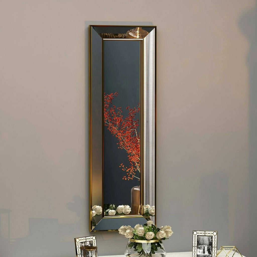 Specchio Auron, Specchiera, Articolo d'arredo a muro, Decorazione con specchio, 30x3h90 cm, Oro