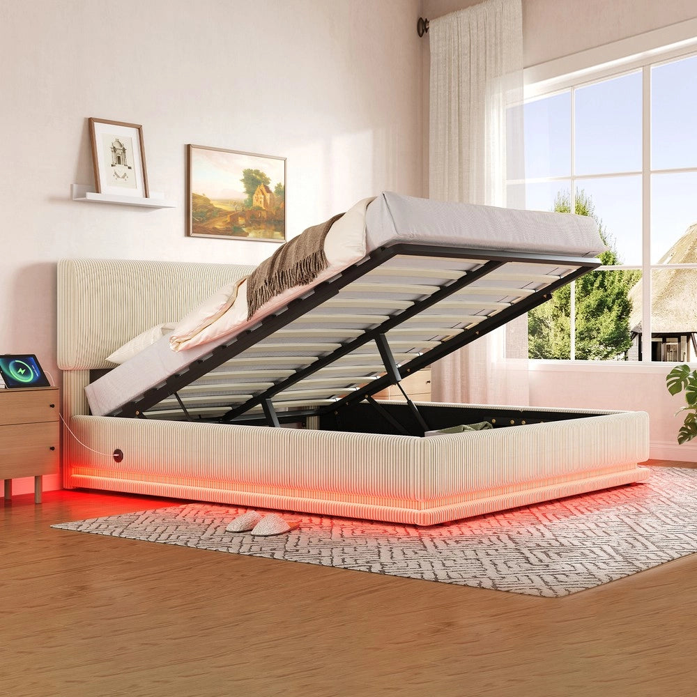 Letto Imbottito Contenitore con LED e Testiera Regolabile in Tessuto ¨C Xylo ¨C 160x200 Beige