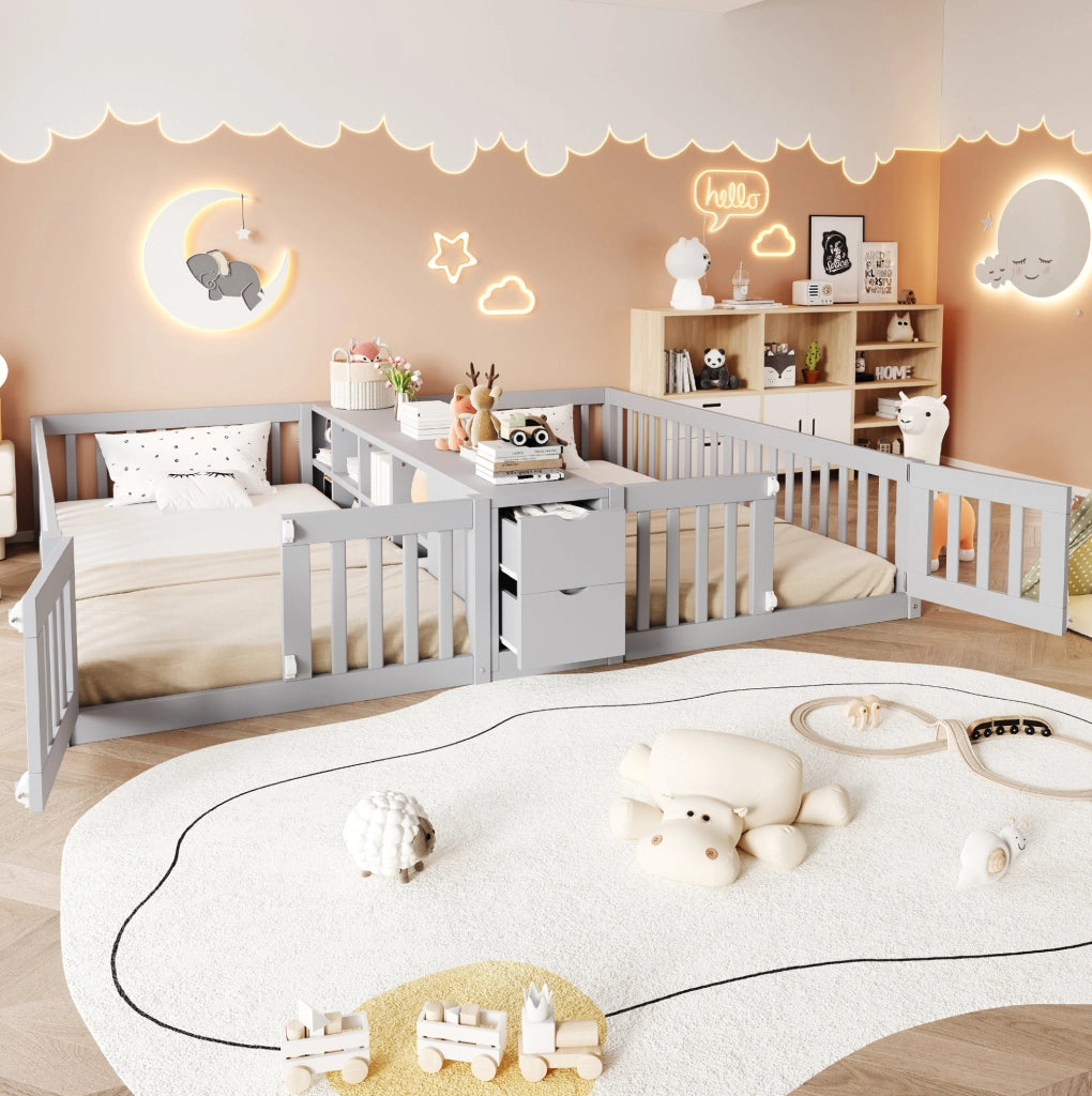 Letto 90x200 cm con sponde alte e cassetti in legno grigio