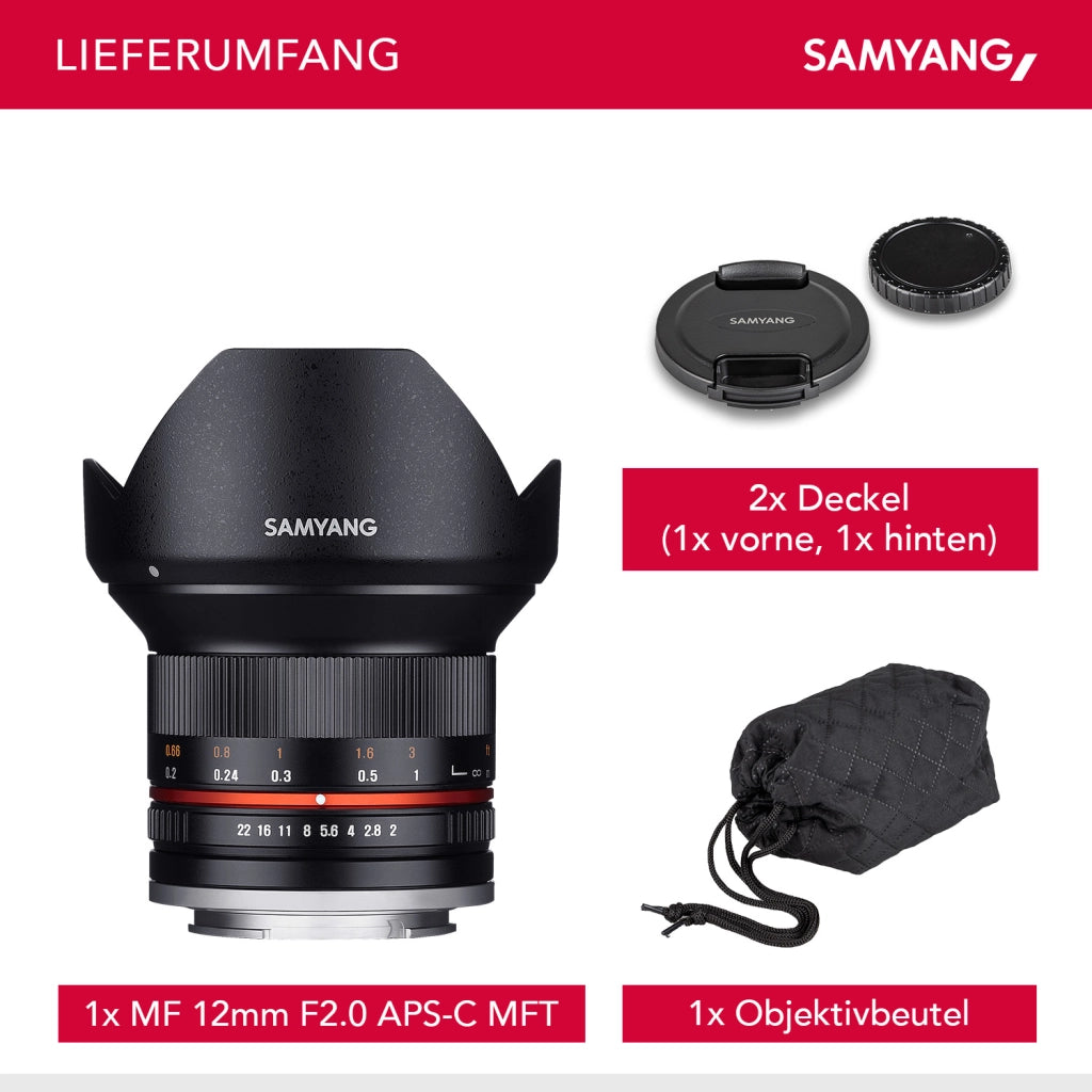 Obiettivo grandangolare fisso 12mm F2.0 APS-C per MFT-APS-C, MF – per Olympus OM-D E-M1 III, Pen E PL10, OM-D E-M5 III, per Panasonic Lumix DC-G91 – nero