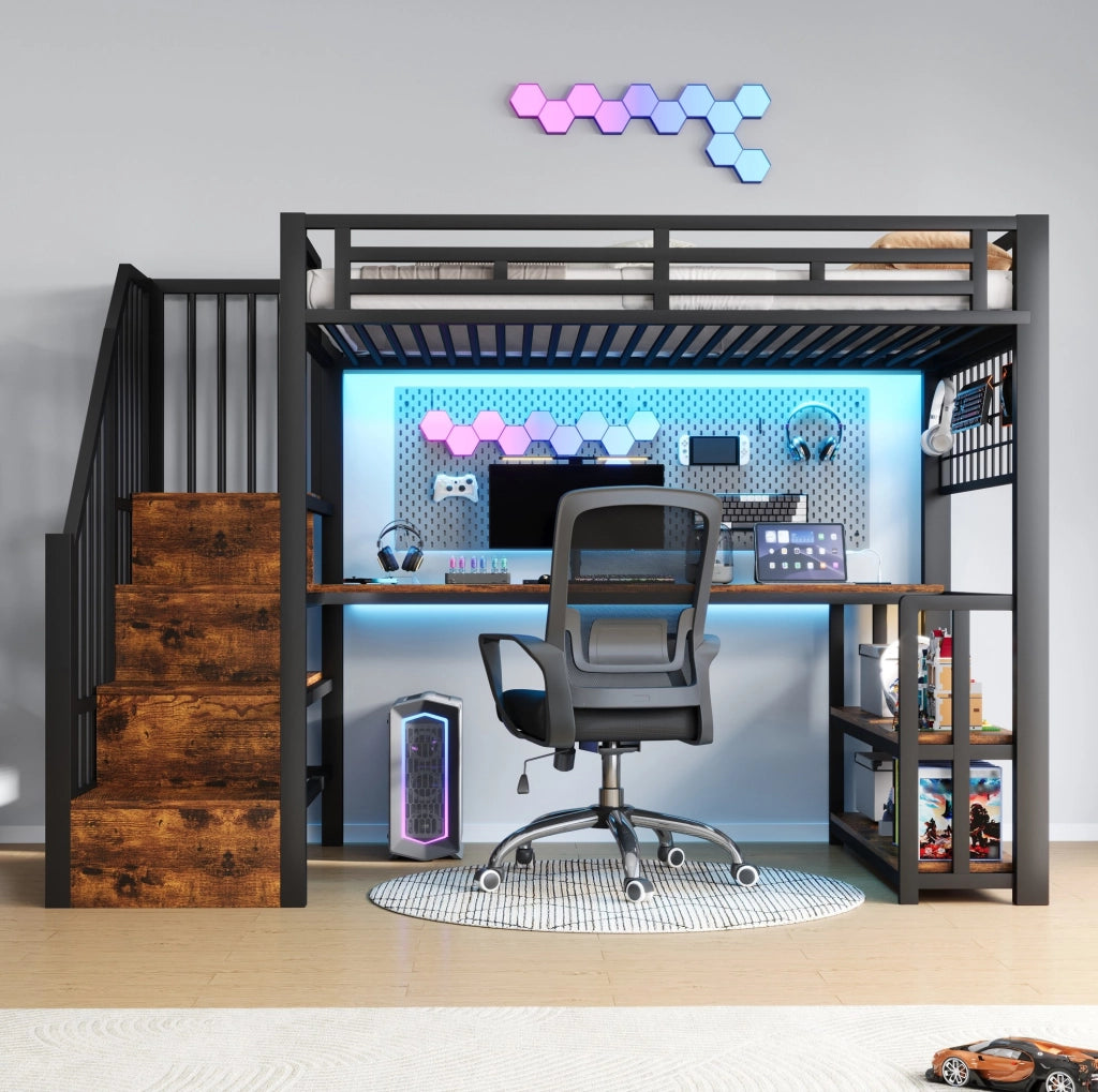 Letto a soppalco 90x200 cm con scrivania, LED e USB