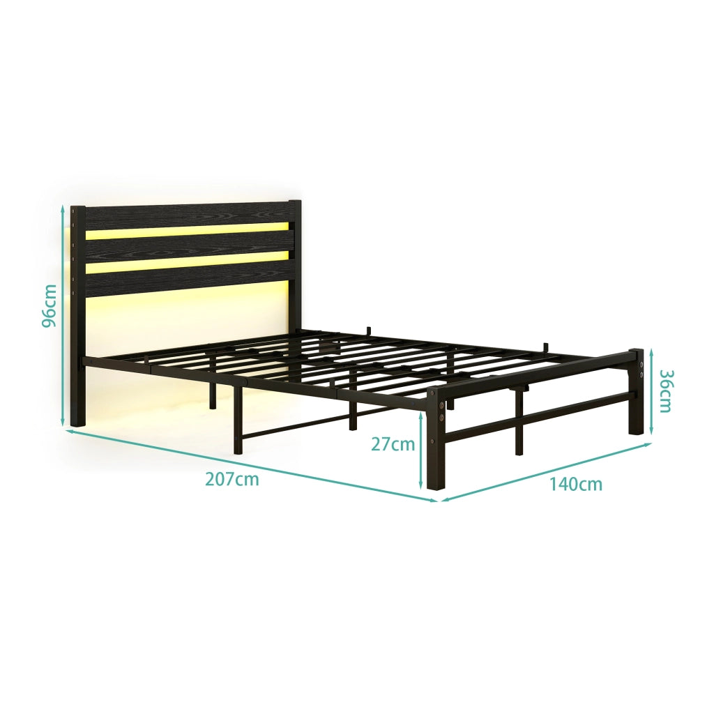 Letto matrimoniale 140x200 cm con struttura in metallo, testiera in MDF, LED RGB e vano sottoletto