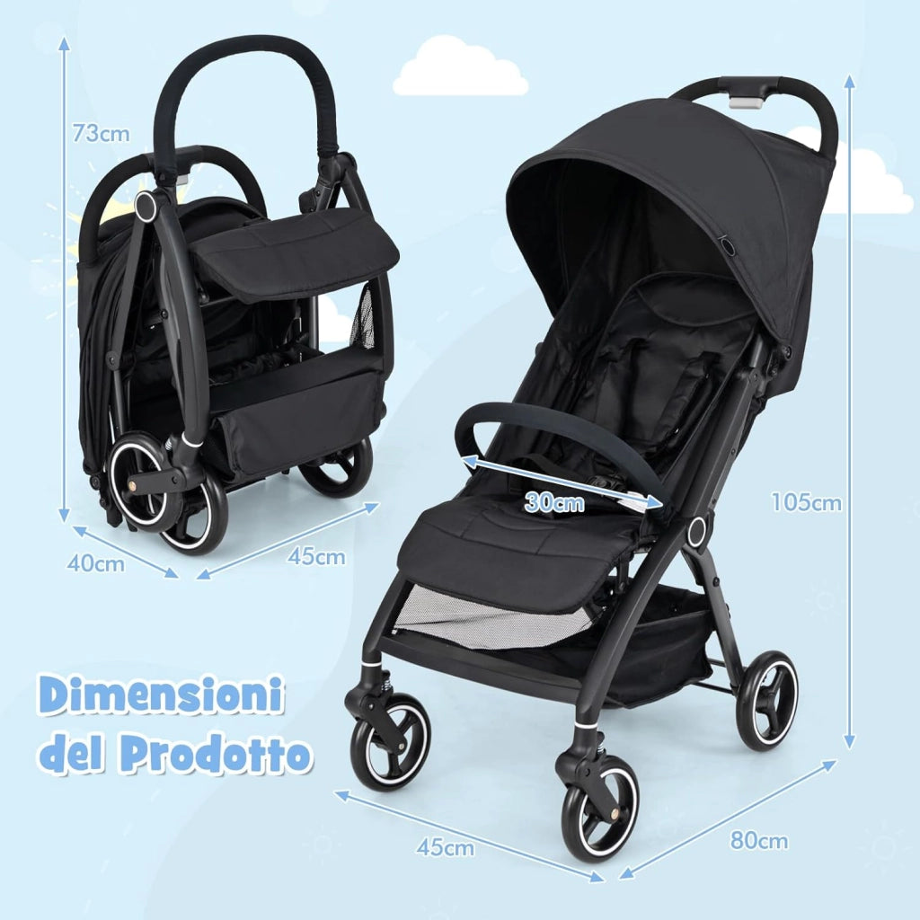 Passeggino Leggero per Bambini, Passeggino Pieghevole con Schienale Regolabile, Tettuccio, Cintura di Sicurezza a 5 Punti, Cestello Portaoggetti, per Bambini 0-36 Mesi (Nero)