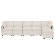 Divano modulare letto 6 posti con chaise longue mobile e seduta doppia in chenille beige