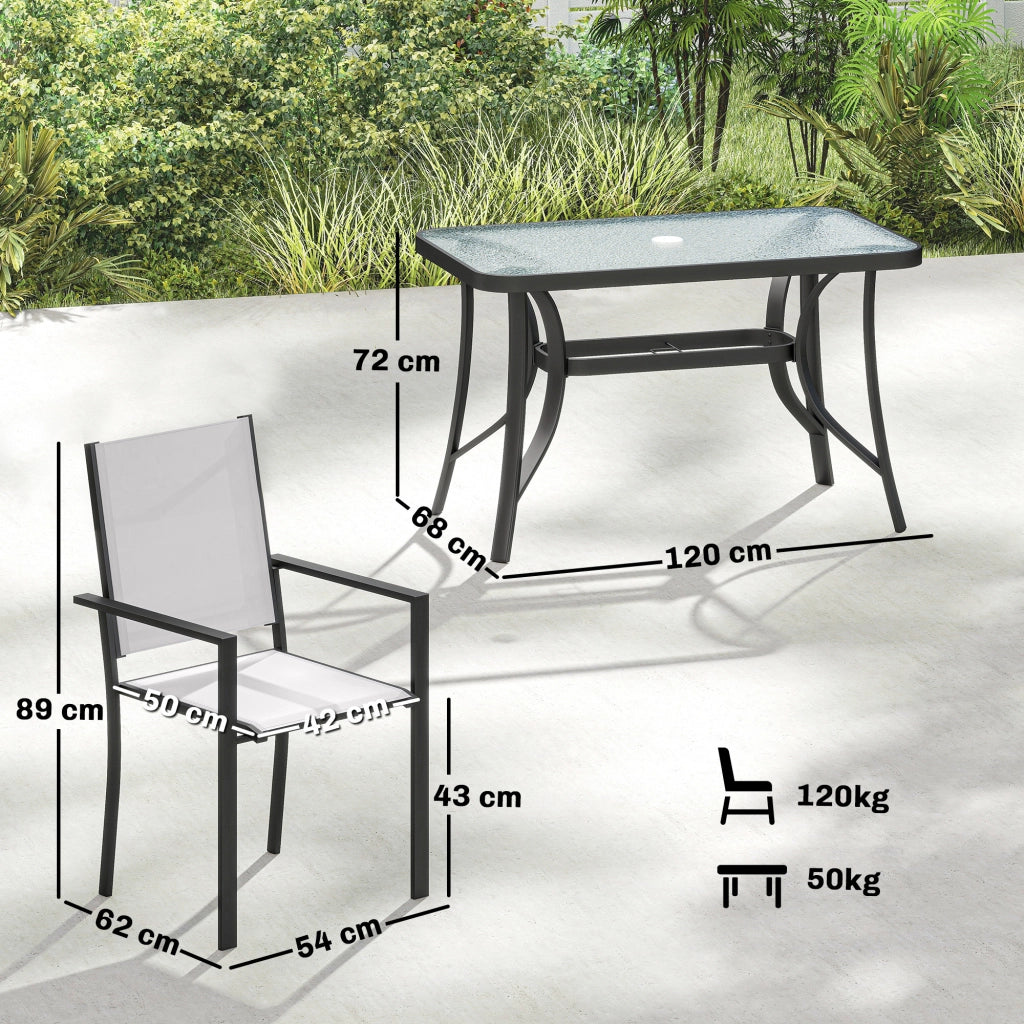 Set 5 Pezzi da Giardino con 4 Sedie Impilabili e Tavolo in Vetro Temperato con Foro per Ombrellone in Texteline Grigio
