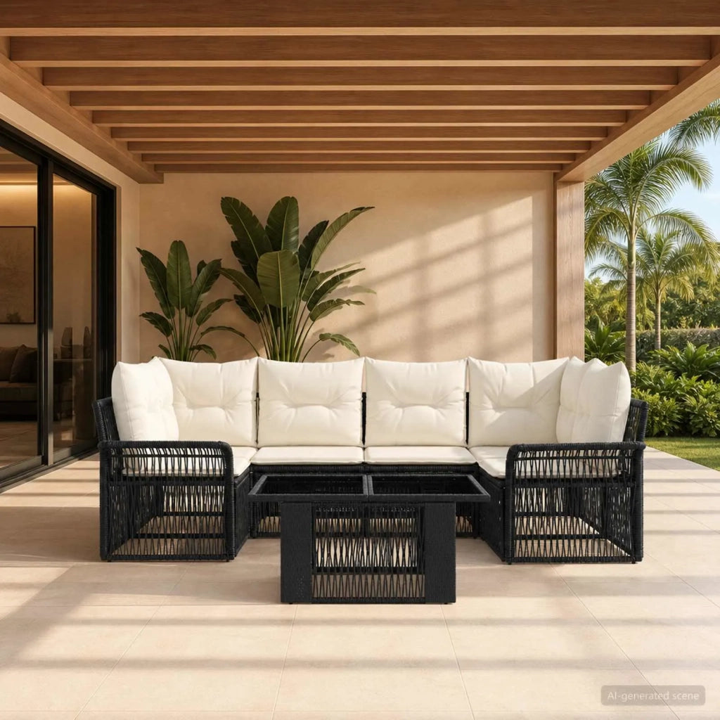 Set Divano da Giardino 7 pz Nero e Bianco Crema polyrattan 3436597