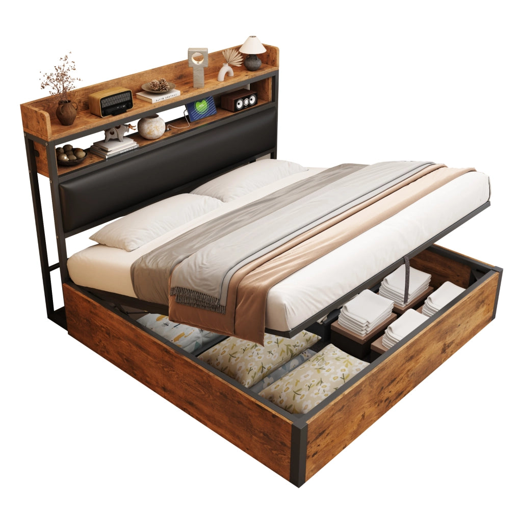 Letto matrimoniale 180x200 cm con contenitore idraulico; USB; testiera imbottita; nero