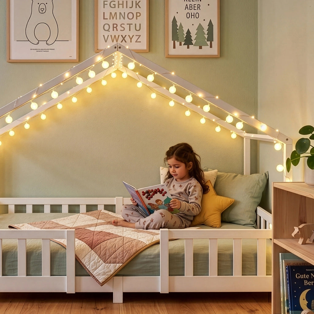 Letto per Cameretta Treviolo a Forma di Casetta in Stile Montessori 90x200 cm Bianco [en.casa]