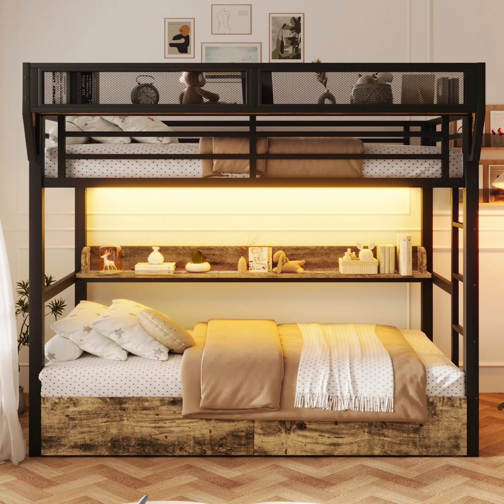Letto a castello 90 × 200 cm con LED, 2 cassetti, ripiano et cestino, senza materasso, in metallo e MDF, nero