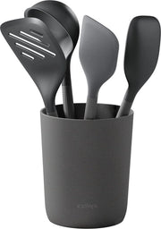 Set di cucina in silicone a 5 pezzi inclusa cucchiaio, frusta, spatola, ciotola e supporto - coperchi in silicone resistente al calore - grigio Beluga