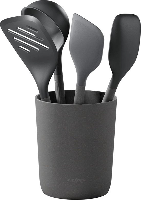 Set di cucina in silicone a 5 pezzi inclusa cucchiaio, frusta, spatola, ciotola e supporto - coperchi in silicone resistente al calore - grigio Beluga