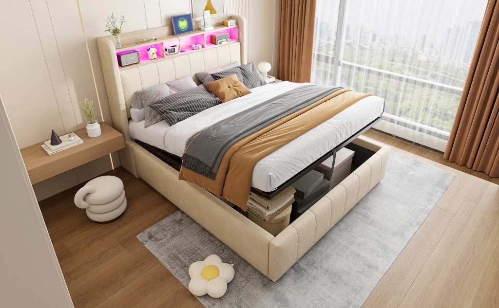 DESMIU Letto Contenitore Letto Matrimoniale con LED Regolabile, USB e Tipo C, 140 × 200 cm, senza materasso, Beige