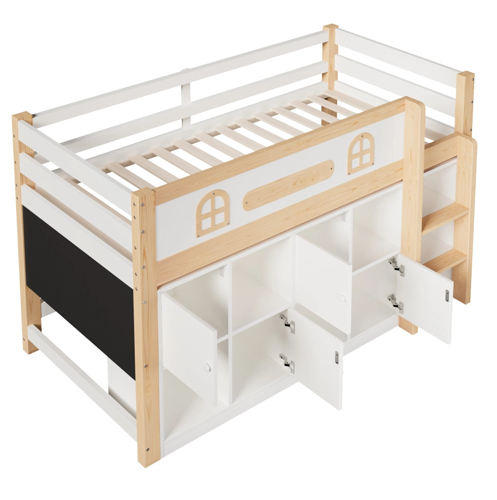 Letto semialto 90x200 cm con lavagna; vani contenitore e scala; bianco e naturale