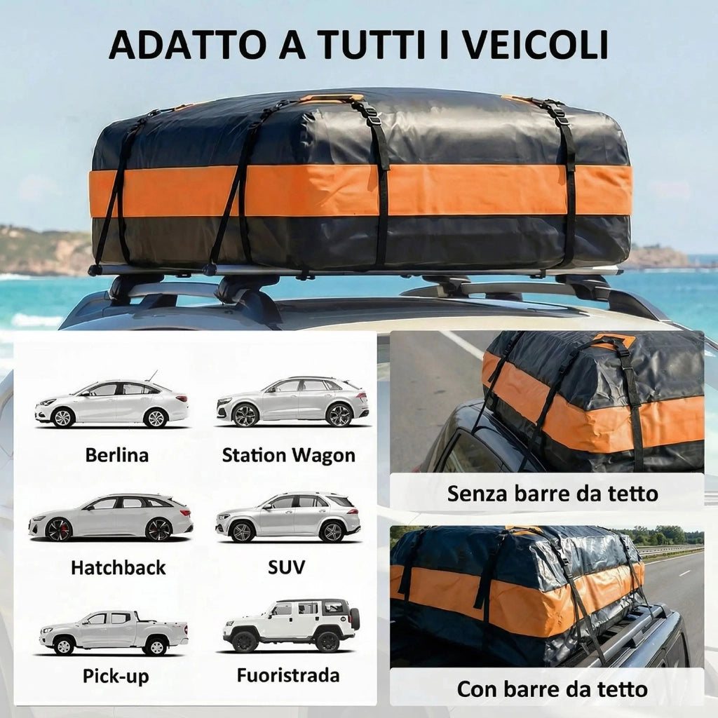 Portabagagli da Tetto Impermeabile 112x86x43 cm Capacità 425 L in Tessuto Oxford Arancione