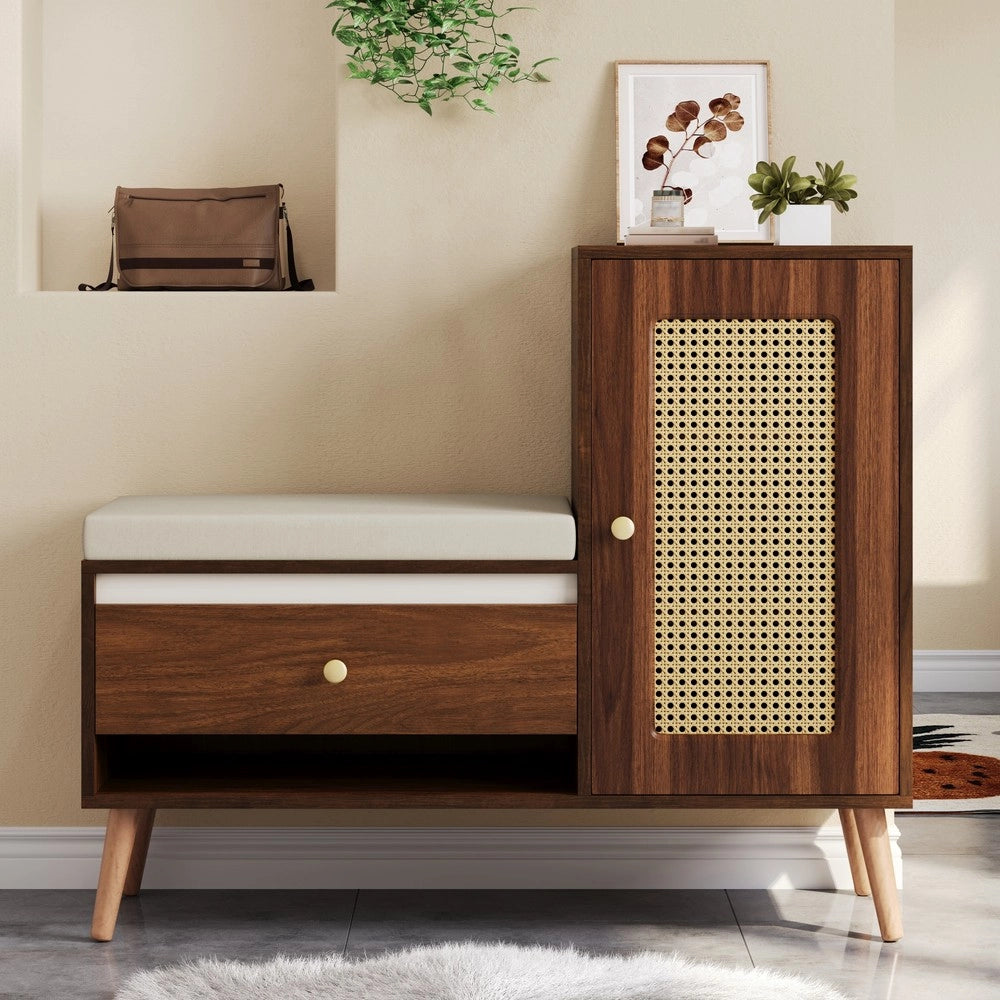Panca Ingresso con Scarpiera, Cassetti e Ante ¨C MINIMAL ¨C Rattan, Cuscino Seduta