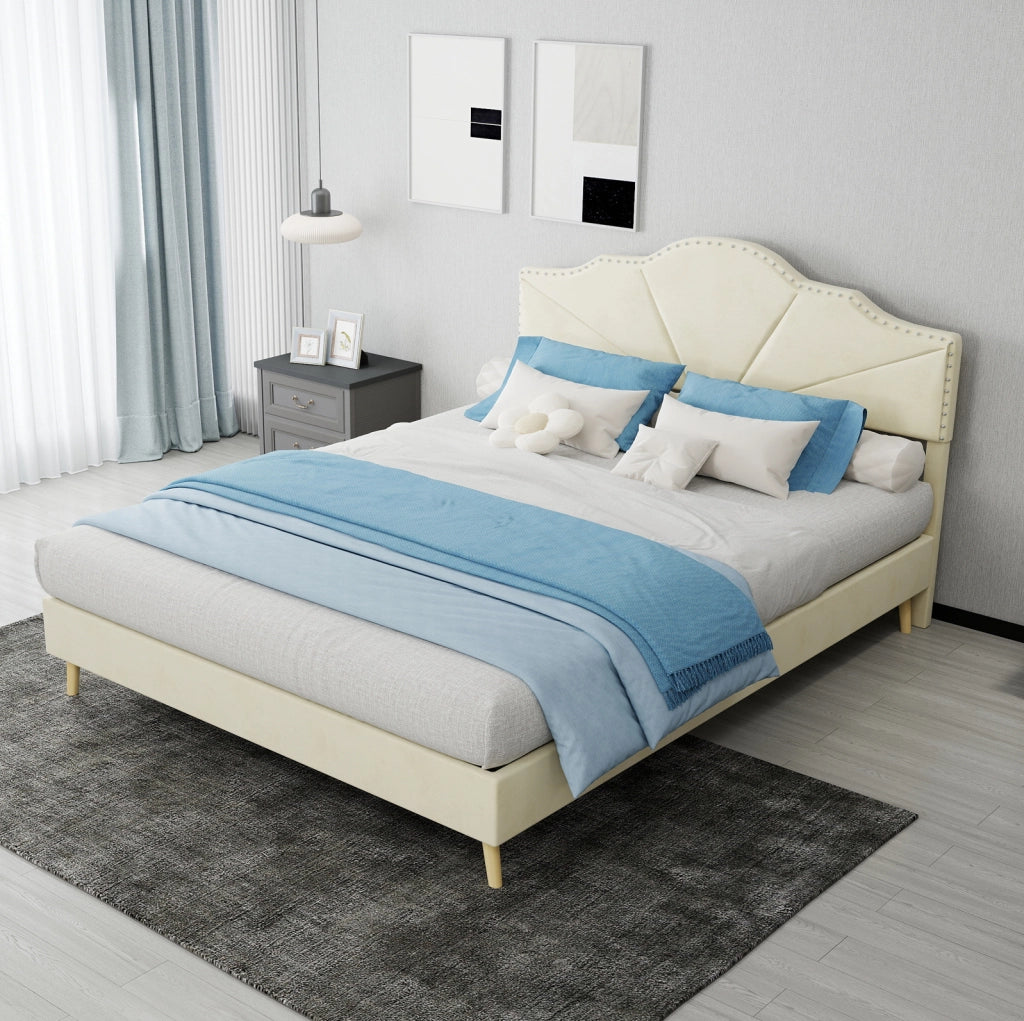 Letto 140x200 cm con testiera geometrica in tessuto beige