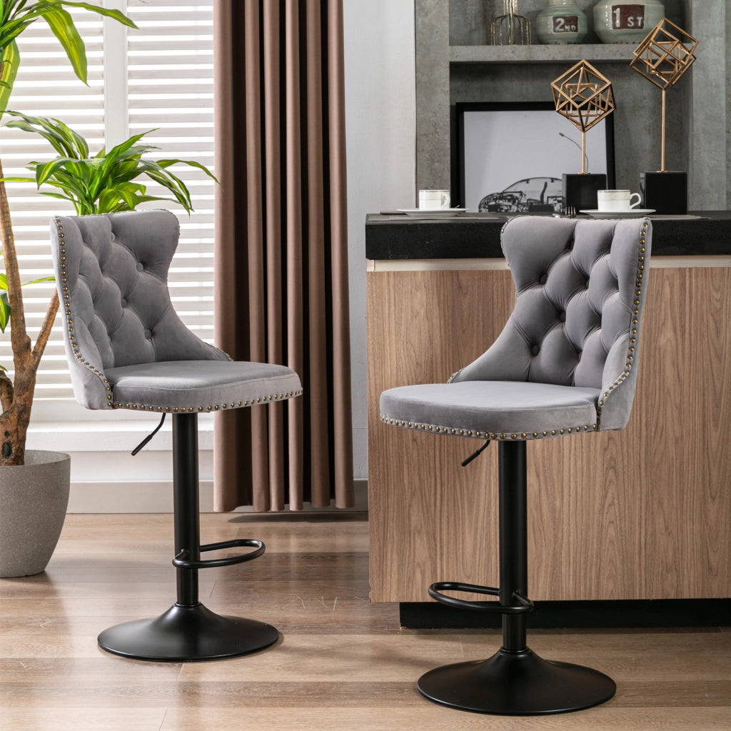 Sgabello da bar girevole in velluto con altezza regolabile, schienale ergonomico e base cromata stabile, grigio
