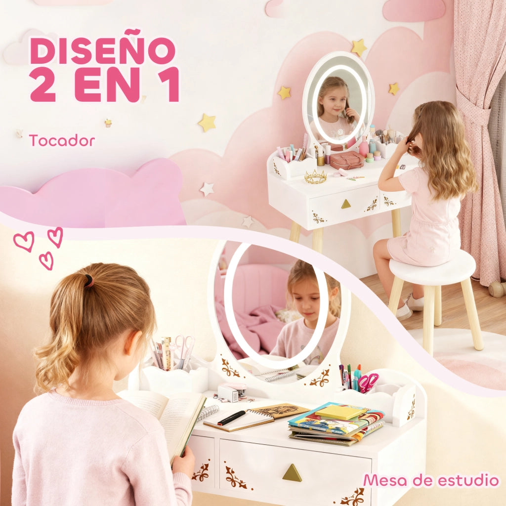Cassettiera da trucco con specchio e luci LED ¨C zephmum ¨C 2 cassetti, 2 contenitori, bianco