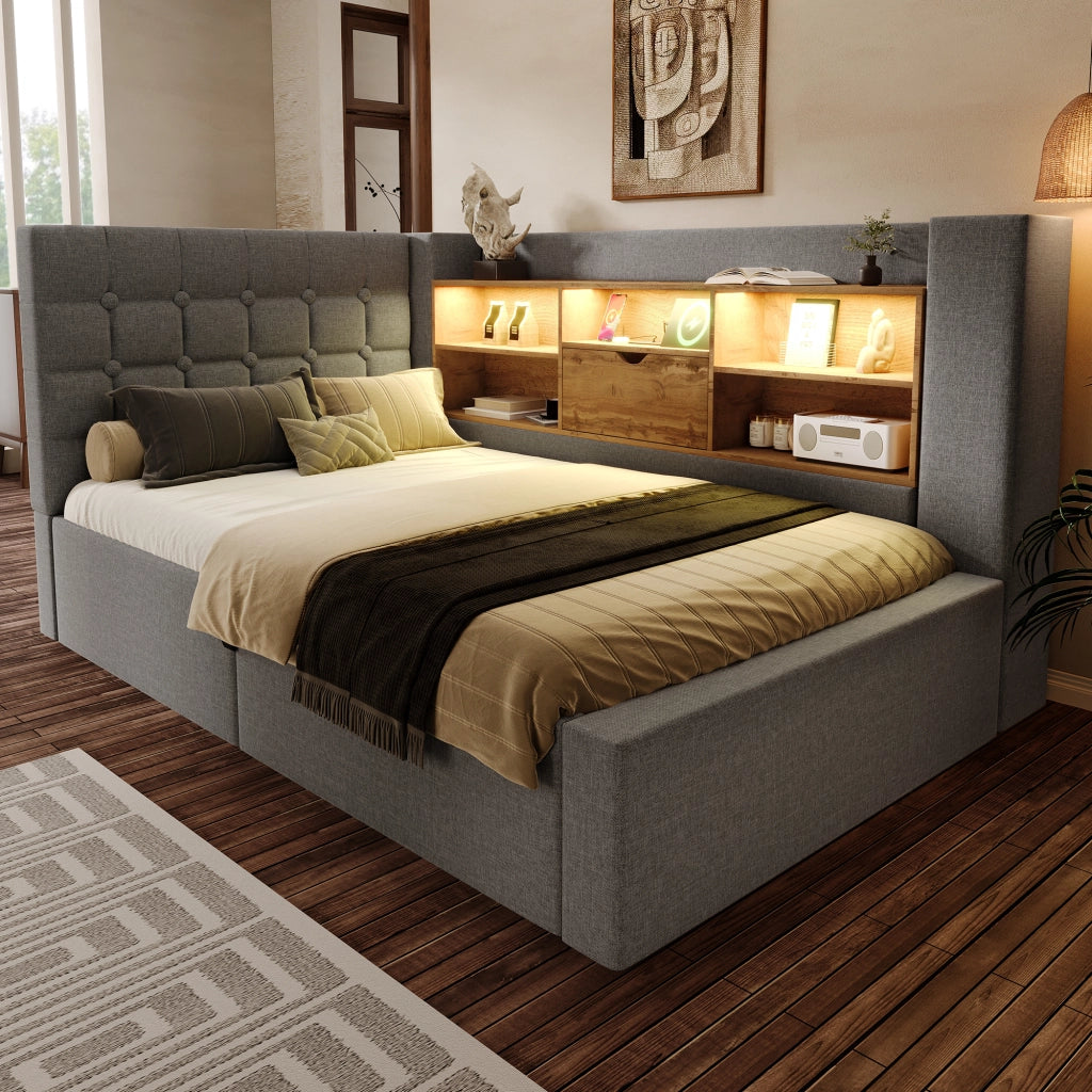 OKWISH Letto Contenitore 90×200 cm, Letto Singolo con LED Regolabile, USB e Tipo C, Testiera a L Reversibile, senza Materasso, Grigio