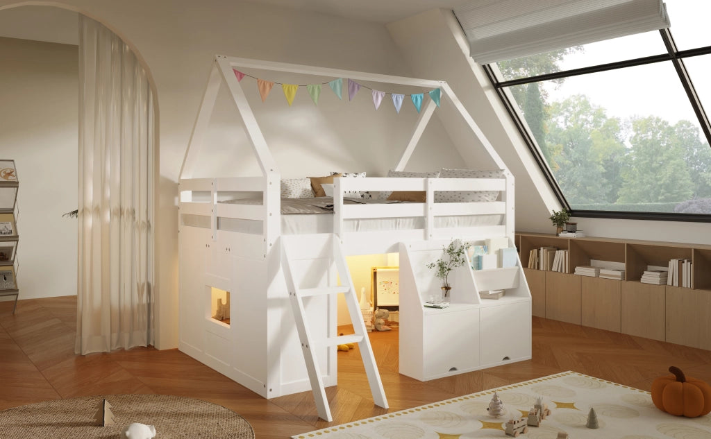 DESMIU Letto a soppalco per bambini 140 × 200 cm con scala, LED, box apribili e tasche, senza materasso, legno bianco