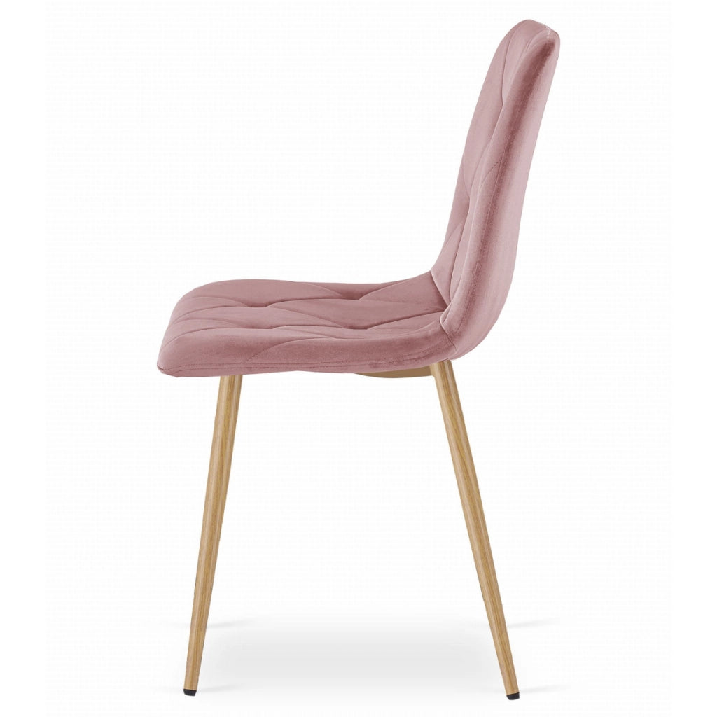 Set di 4 Sedie Libra in Velluto Rosa e Gambe Effetto Legno