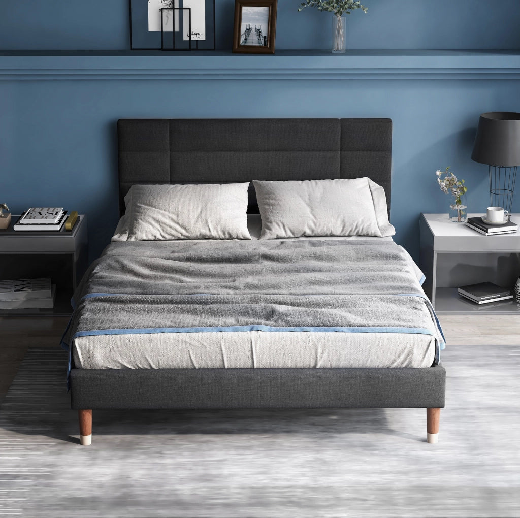 Letto matrimoniale 140x200 cm con rete e testiera imbottita legno grigio (Senza materasso)