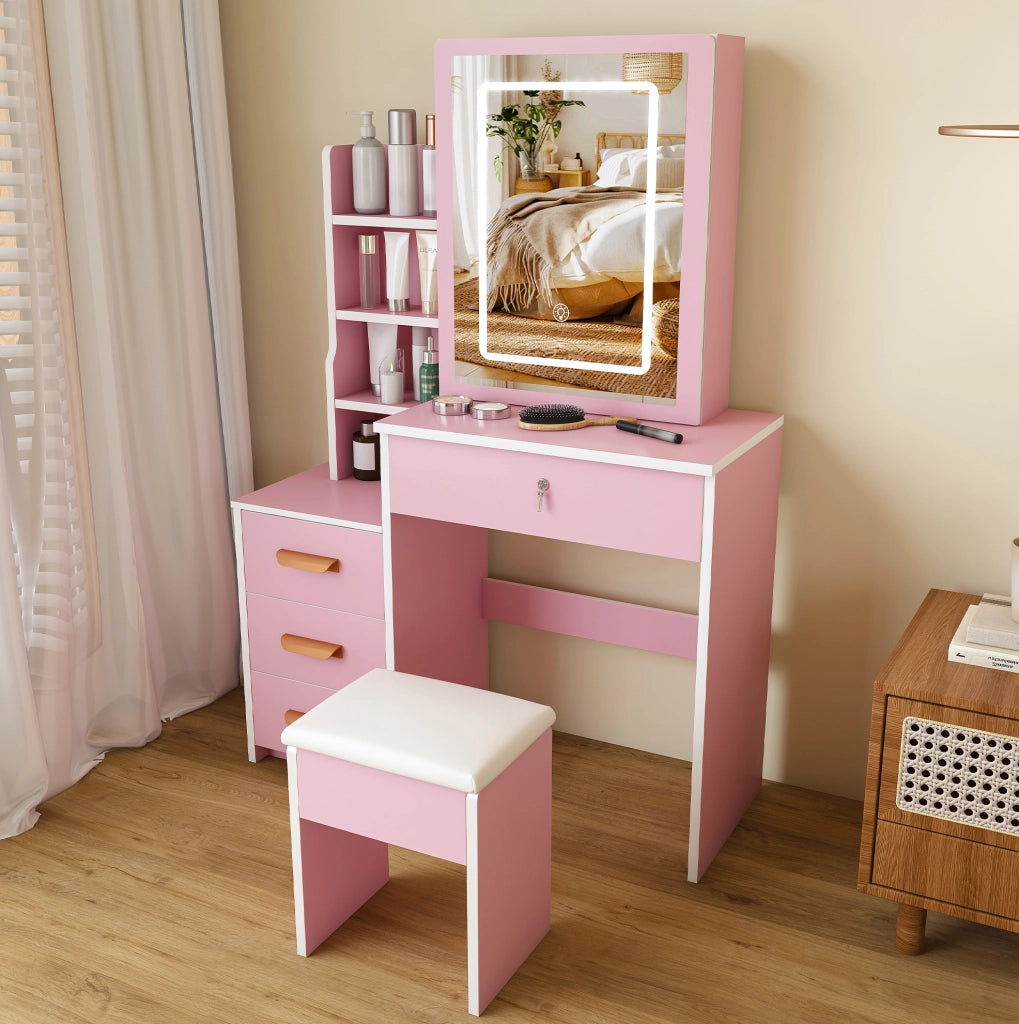 Tavolo da trucco con specchio LED; 4 cassetti; struttura in MDF; rosa; 85x130x36 cm