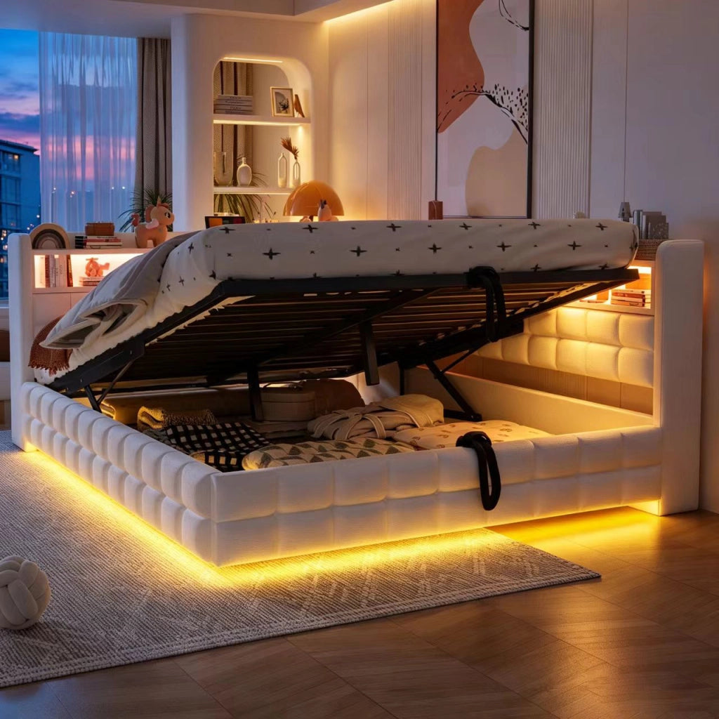 Letto imbottito matrimoniale 140×200 cm con contenitore; LED; USB; Type-C e ripiani; senza materasso; beige