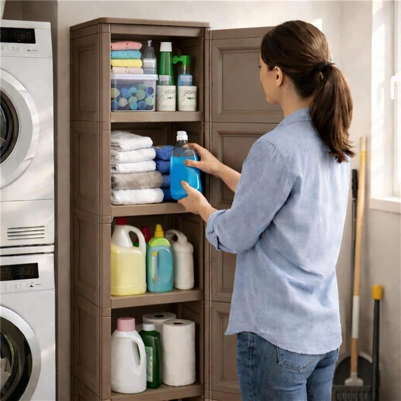 ARMADIO A COLONNA WENGÉ SCURO 40X43X164 CM CON 4 RIPIANI E 1 ANTA LISCIA – MOBILE VERTICALE ORGANIZZAZIONE CASA SALVASPAZIO