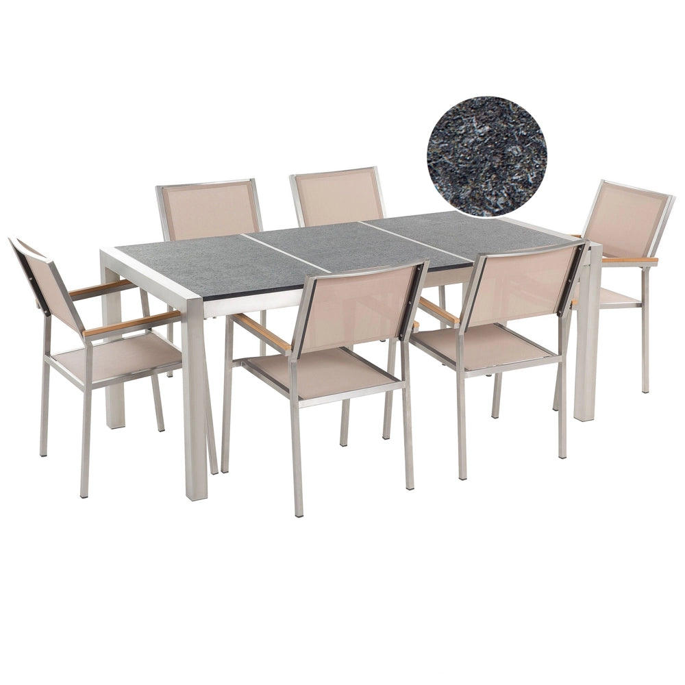 Set da Giardino Tavolo Piano Basalto Fiammato 6 Sedie Beige 180 x 90 cm Giardino Terrazzo Balcone