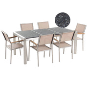 Set da Giardino Tavolo Piano Basalto Fiammato 6 Sedie Beige 180 x 90 cm Giardino Terrazzo Balcone