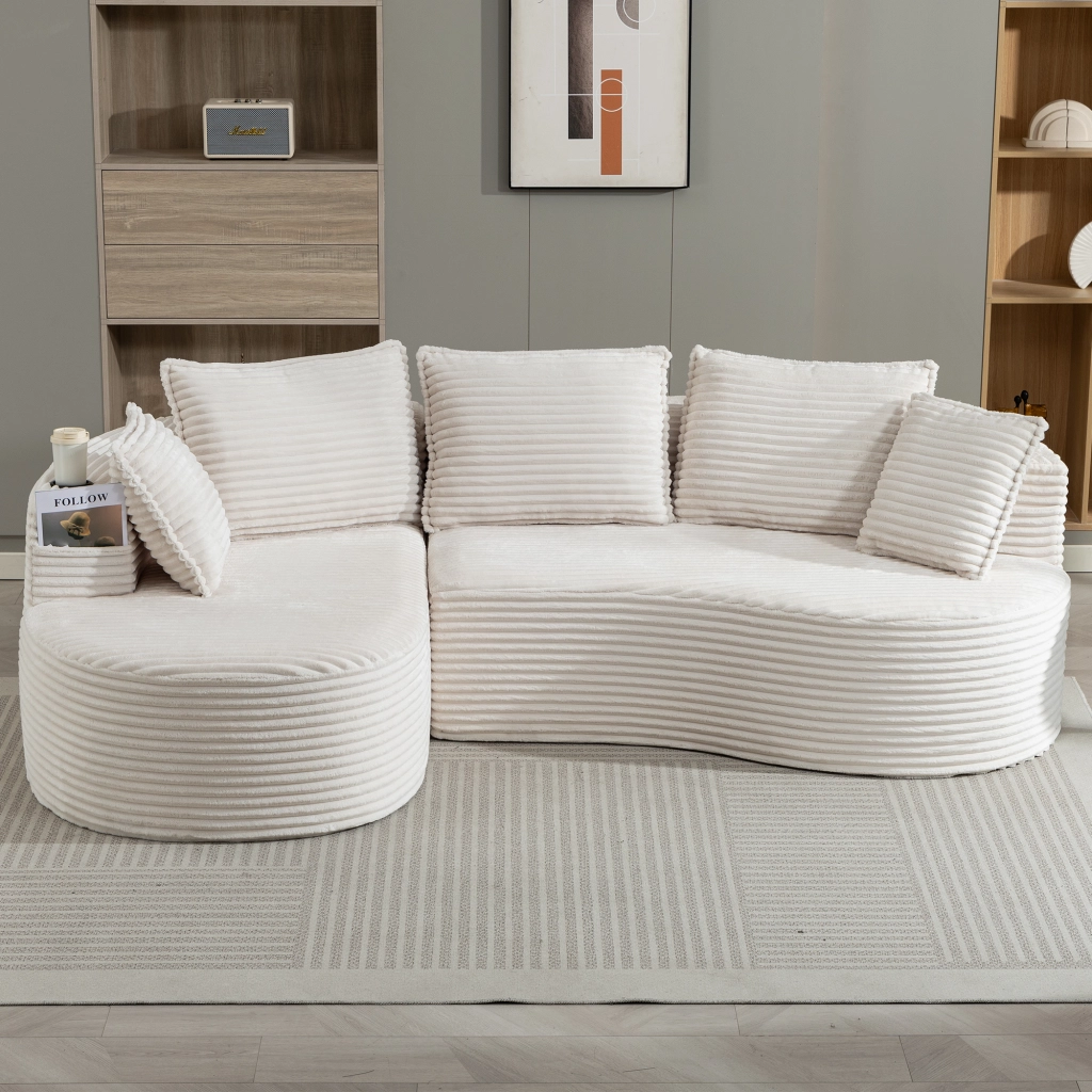 DIVANO ad arco 250x152x82 cm in velluto beige con portabevande e tasca laterale